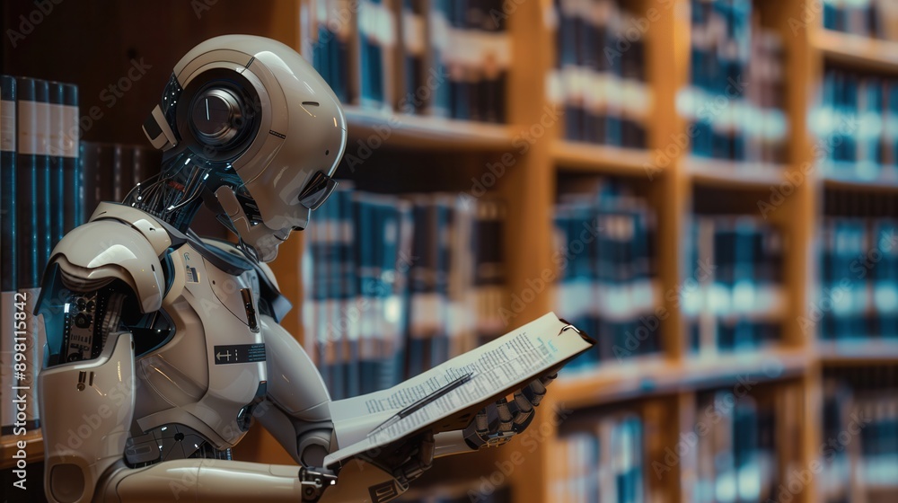 An advanced AI robot reads a document in a library setting. Generative AI An advanced AI robot reads a document in a library setting. Generative AI