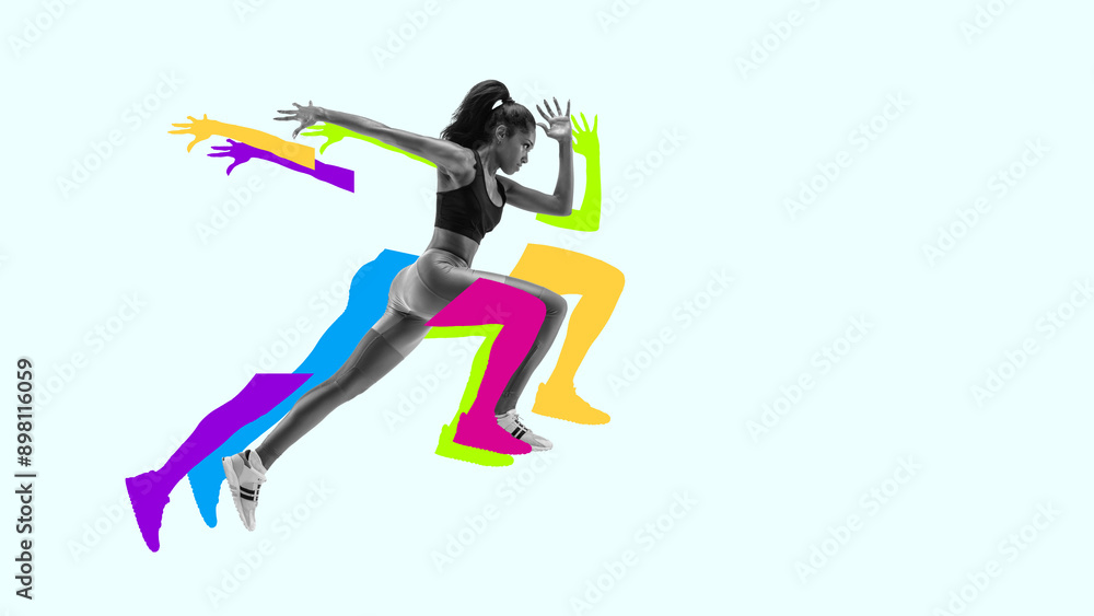 Focused, motivated and determined woman, athlete in full motion, running, competing for victory. Contemporary art collage. Concept of sport, athletics, endurance, speed and energy, competition Focused, motivated and determined woman, athlete in full motion, running, competing for victory. Contemporary art collage. Concept of sport, athletics, endurance, speed and energy, competition
