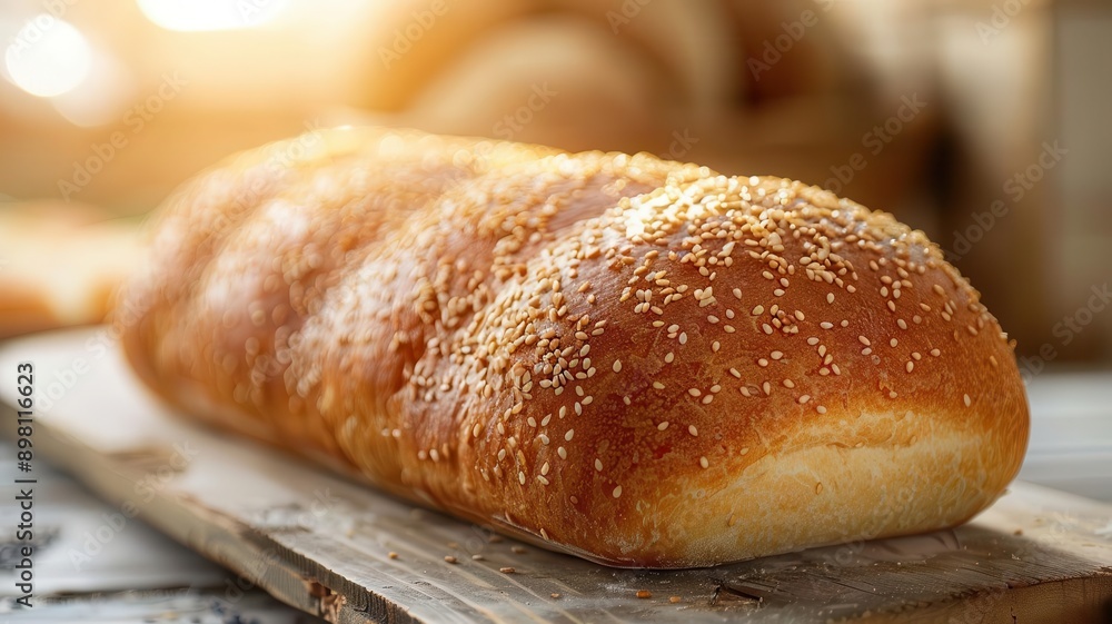 Freshly baked sesame bread loaf on wooden board, warm and golden, perfect for meals and sandwiches. Freshly baked sesame bread loaf on wooden board, warm and golden, perfect for meals and sandwiches.