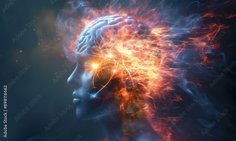 human head with glowing neuron in brain , futuristic and technology concept human head with glowing neuron in brain , futuristic and technology concept