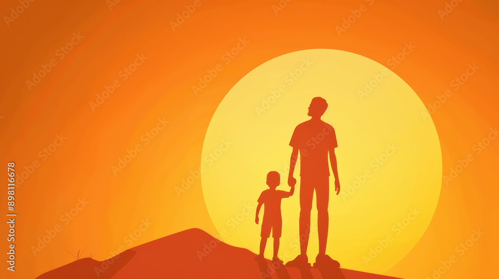 Digital art illustration of father and son admiring sunrise on mountain, silhouette design. Digital art illustration of father and son admiring sunrise on mountain, silhouette design.