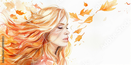 Watercolor portrait of a young beautiful woman and autumn leaves. Autumn mood, red, yellow autumn leaves are flying