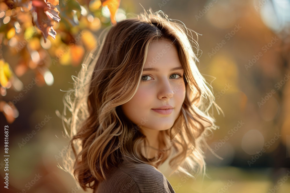 Young beautiful blonde woman walking in autumn park. Autumn park, yellow leaves, autumn atmosphere