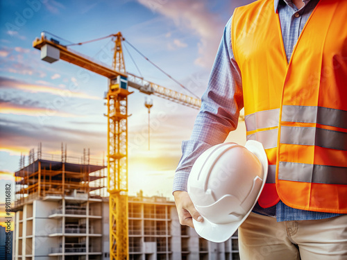 Close up hand holding white helmet hard hat Engineering concept