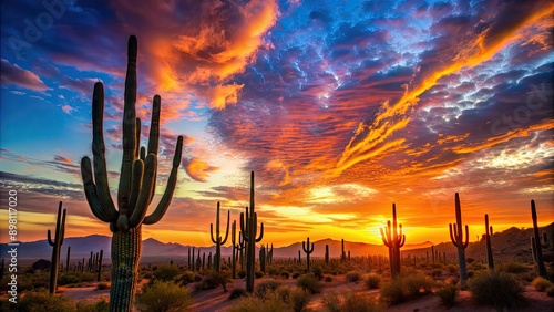 Fototapeta Naklejka Na Ścianę i Meble -  Cactus landscape in Phoenix at sunset, featuring silhouettes of desert plants against a colorful sky, Phoenix, Arizona, sunset