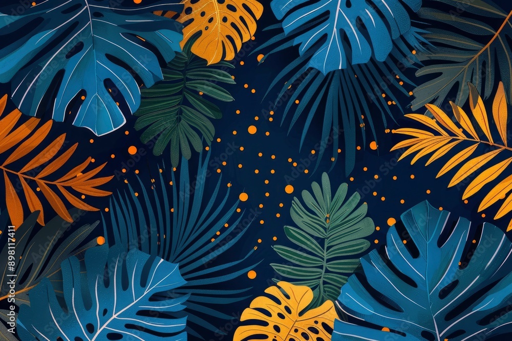 Tropical Leaves Pattern with Yellow Dots on a Tropical Leaves Pattern with Yellow Dots on a