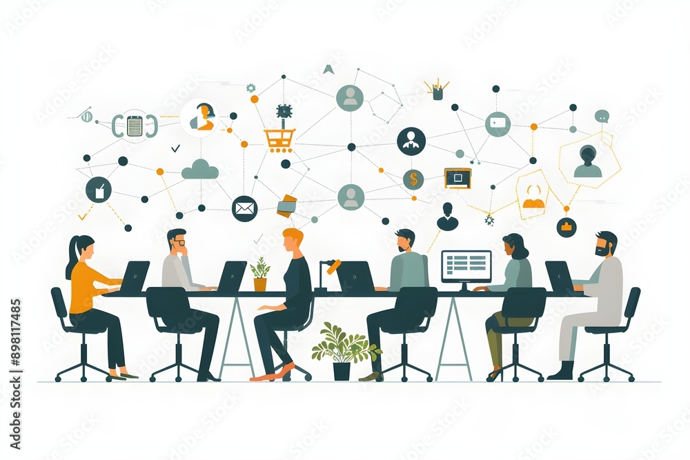 freelancers working on various projects with a network connecting them. gig economy, online business freelancers working on various projects with a network connecting them. gig economy, online business