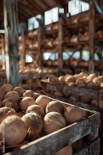 Coconuts harvested in wooden boxes in a warehouse. Natural organic fruit abundance. Healthy and natural food storing and shipping concept.