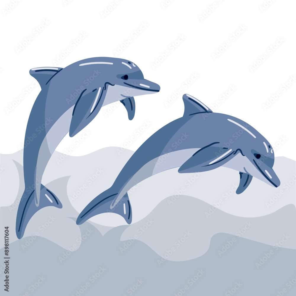 Obraz premium Flat two blue dolphins in a jump. Cute dolphins jump into the water. An oceanic aquatic animal is a dolphin. Vector flat cartoon illustration on the background of waves sea animals