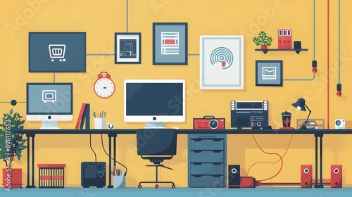 home office connected via digital networks. remote work economy, economy and digital technology, work from home © THE IZEL ART