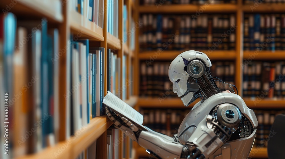 An AI robot is shown reading a book while standing in a library surrounded by bookshelves. Generative AI An AI robot is shown reading a book while standing in a library surrounded by bookshelves. Generative AI