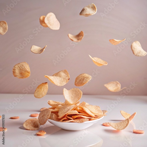 Potato chips falling in the bowl over bright background