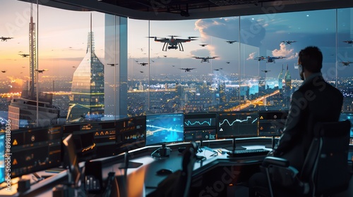 futuristic drone traffic control center where operators monitor and direct commercial drone flights throughout a metropolitan area