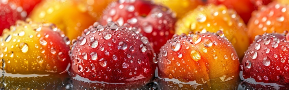 Detailed view of red and yellow peaches with water droplets on the fruit Detailed view of red and yellow peaches with water droplets on the fruit