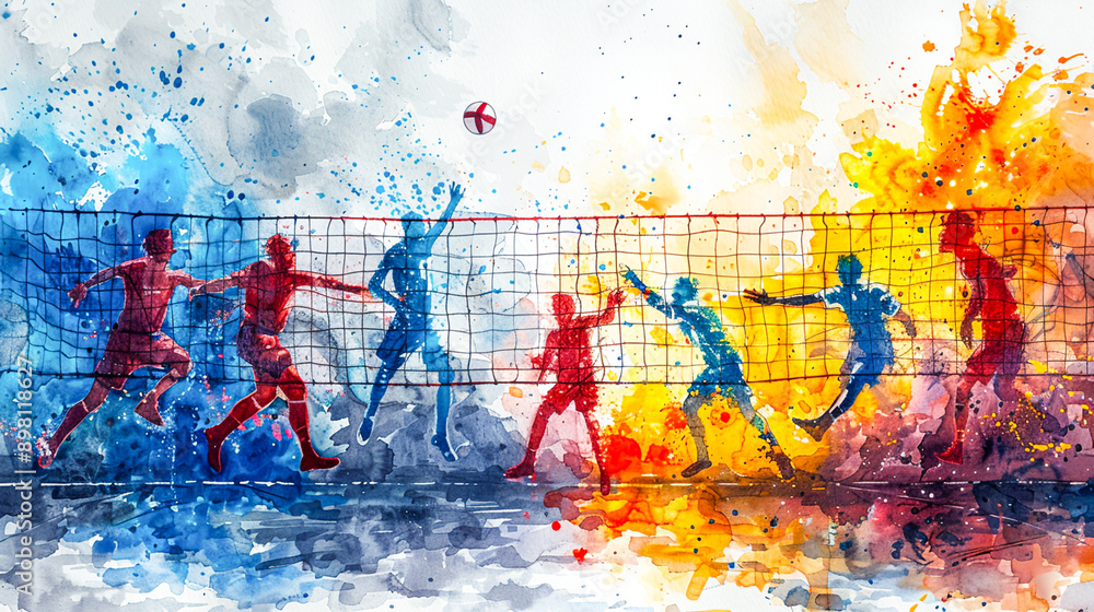 Fototapeta premium Dynamic Bossaball Game - Players Jumping and Spiking Ball on Trampoline in Vibrant Watercolor Style