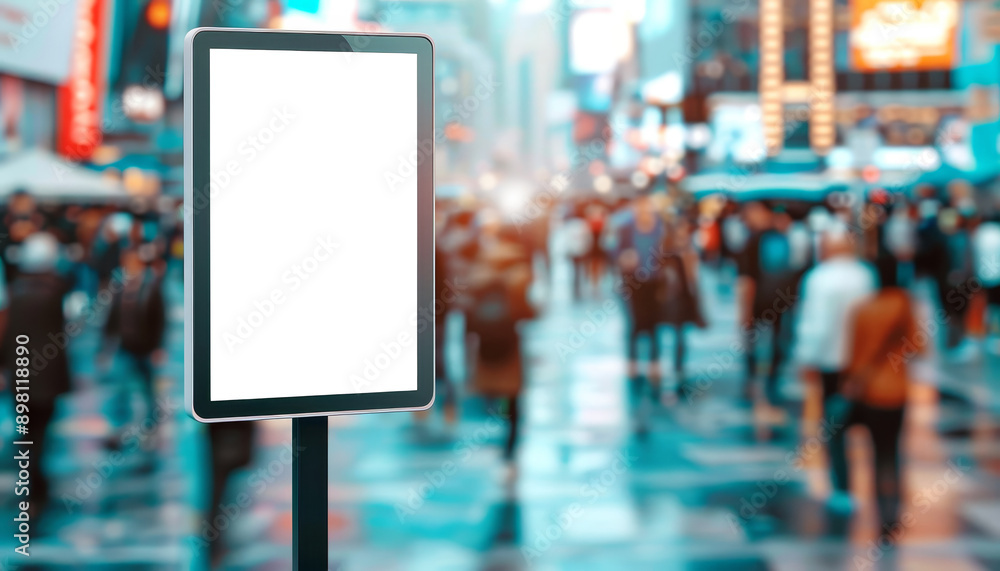 Modern Blank White Billboard Mockup Standing on Busy Pedestrian Street for Advertising Display Concept. Modern Blank White Billboard Mockup Standing on Busy Pedestrian Street for Advertising Display Concept.