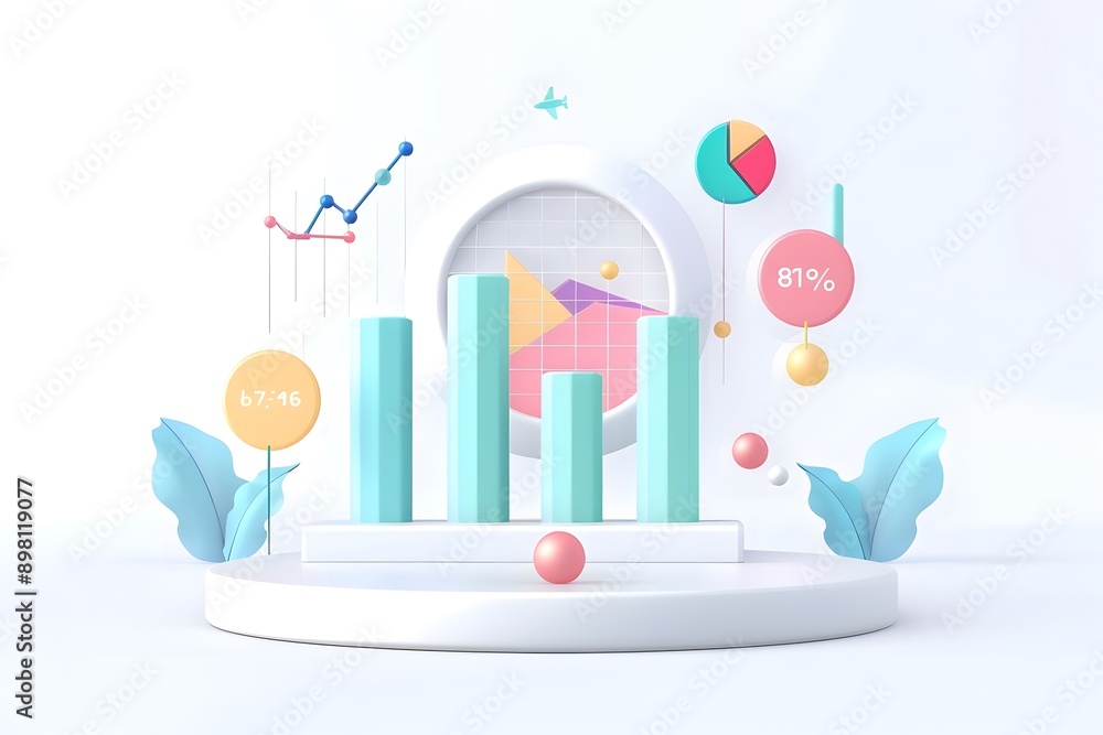 Obraz premium 3D abstract business data visualization with colorful charts and graphs in minimalistic design