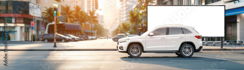 Blank White Billboard Mockup Standing Out Among Car Dealership Traffic