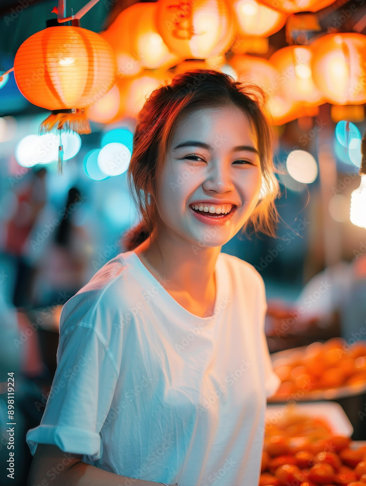 Vibrant Southeast Asian woman in s, laughing and talking in food stall at night, closeup of expressions Vibrant Southeast Asian woman in s, laughing and talking in food stall at night, closeup of expressions