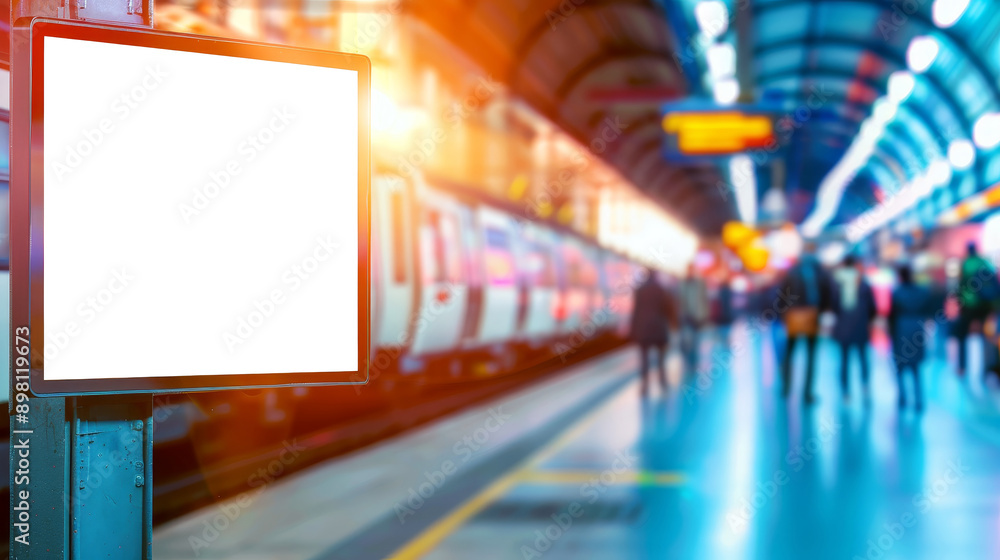 Fototapeta premium Digital Blank White Billboard Mockup in a Busy Train Station Setting.