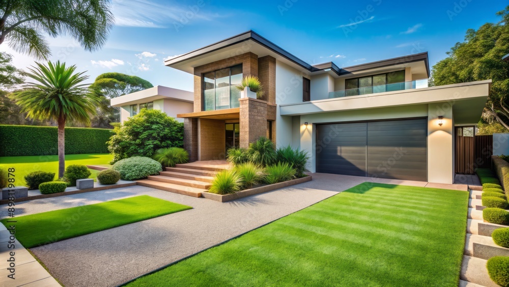 Lush green artificial grass lawn with perfectly manicured synthetic turf surrounds modern home's sleek front yard in sunny suburban setting. Lush green artificial grass lawn with perfectly manicured synthetic turf surrounds modern home's sleek front yard in sunny suburban setting.