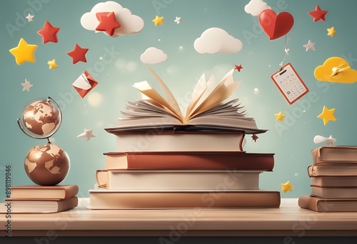 3d education search high speech flying stars university media quality render three dimensional realistic mail school bubbles stack book icons technology social illustration classroom calendar books photo