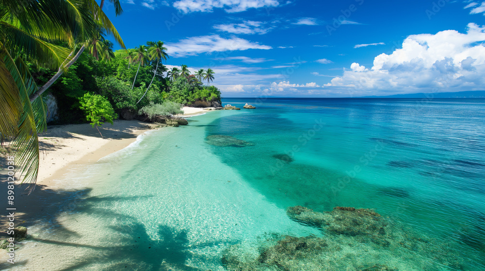 Fototapeta premium A beautiful beach with a clear blue ocean and palm trees in the background