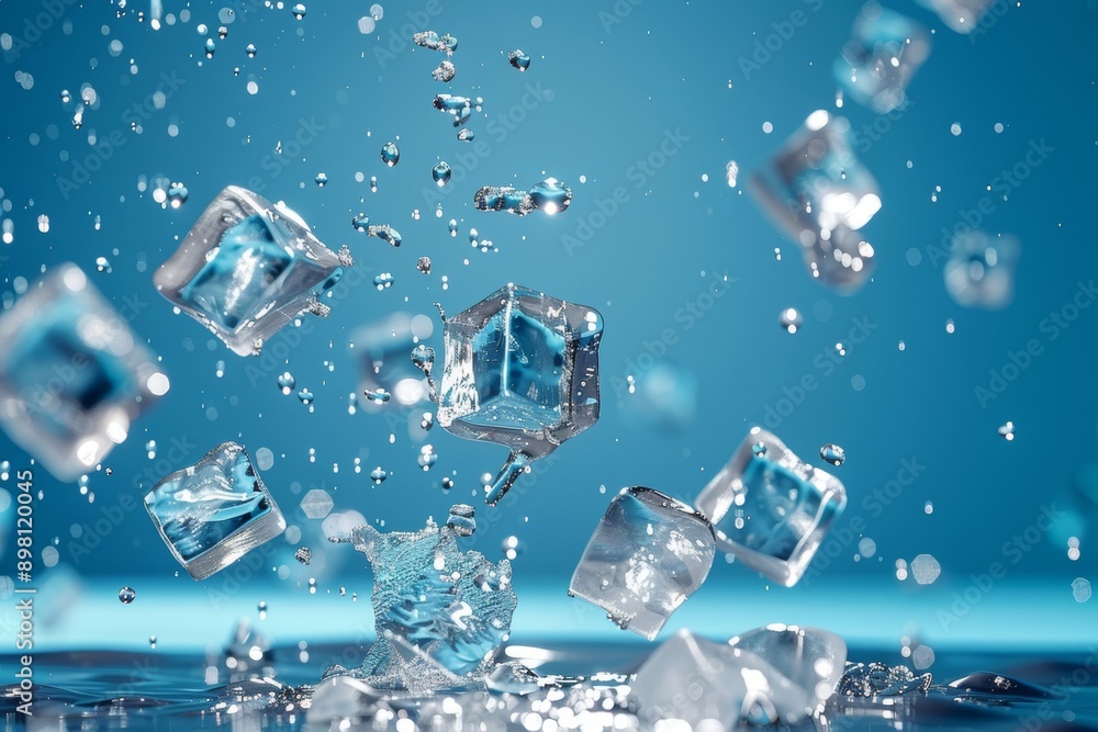 Glowing ice cubes falling against a sparkling blue background create a visually captivating scene. Glowing ice cubes falling against a sparkling blue background create a visually captivating scene.