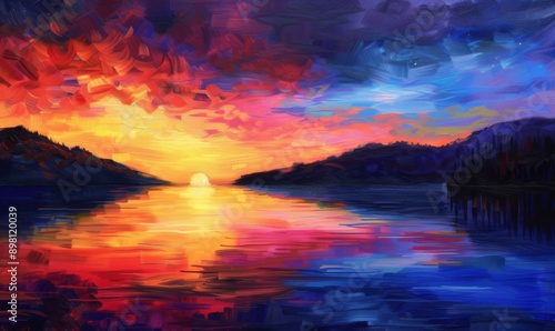 A captivating sunset over a serene lake, reflecting vibrant colors in the water, perfect for peaceful and tranquil themes