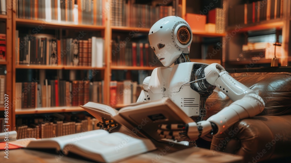 Fototapeta premium An artificial intelligence robot sits in a library, reading a book while surrounded by bookshelves filled with volumes. Generative AI