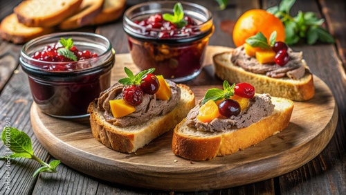 Richly textured chicken liver p?t? artfully arranged on crispy toasted bread, paired with sweet and tangy fruit jam.