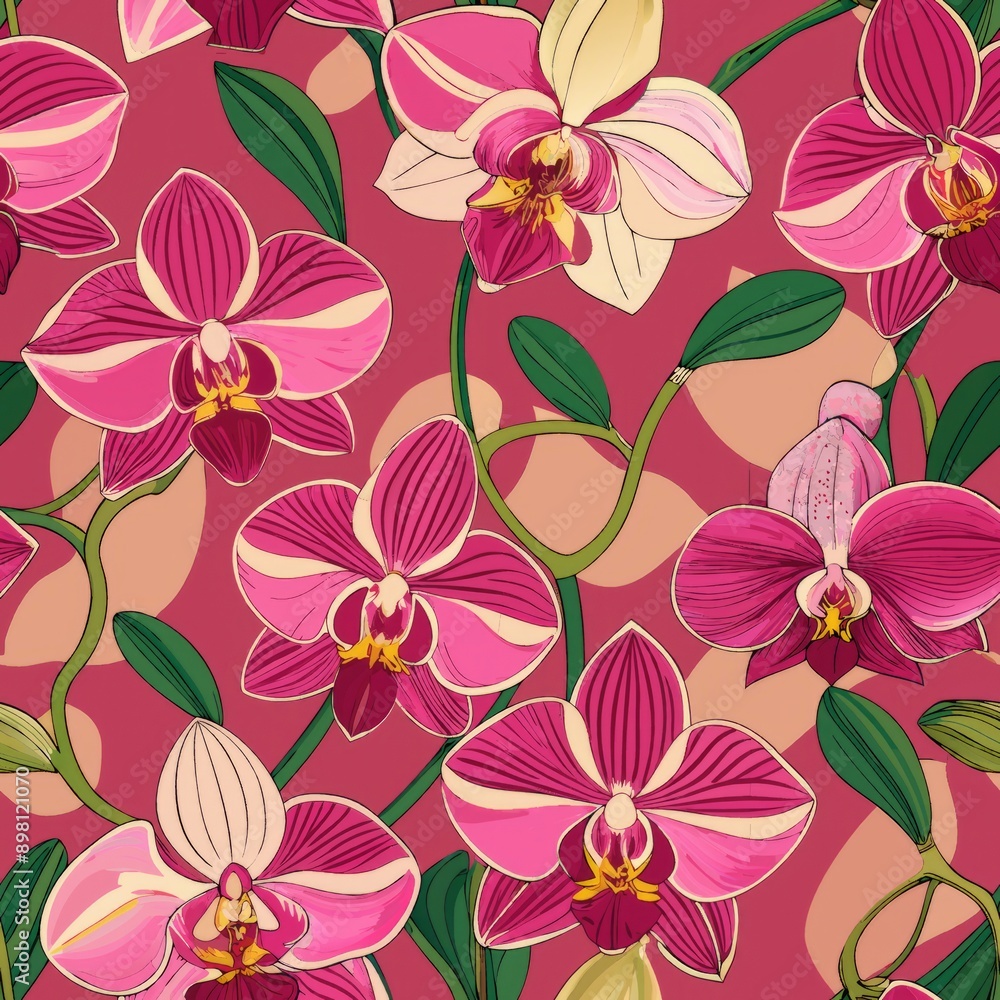 Seamless pattern of artistic interpretations of orchids, Generative AI Seamless pattern of artistic interpretations of orchids, Generative AI
