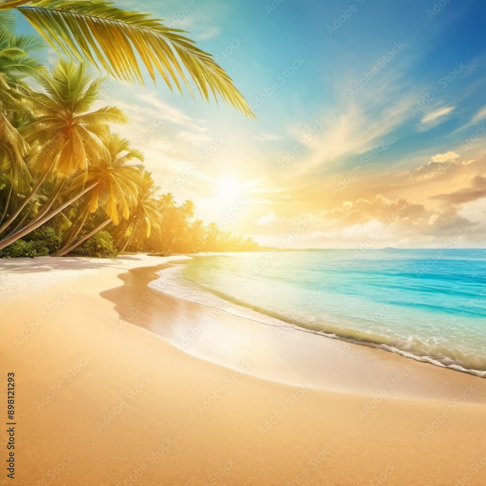 Serene beach scene with gentle waves, sandy shoreline, and palm trees casting shadows. The bright colors and soft brushstrokes create peaceful atmosphere. Generated AI. Sunny beach holidays travel Serene beach scene with gentle waves, sandy shoreline, and palm trees casting shadows. The bright colors and soft brushstrokes create peaceful atmosphere. Generated AI. Sunny beach holidays travel