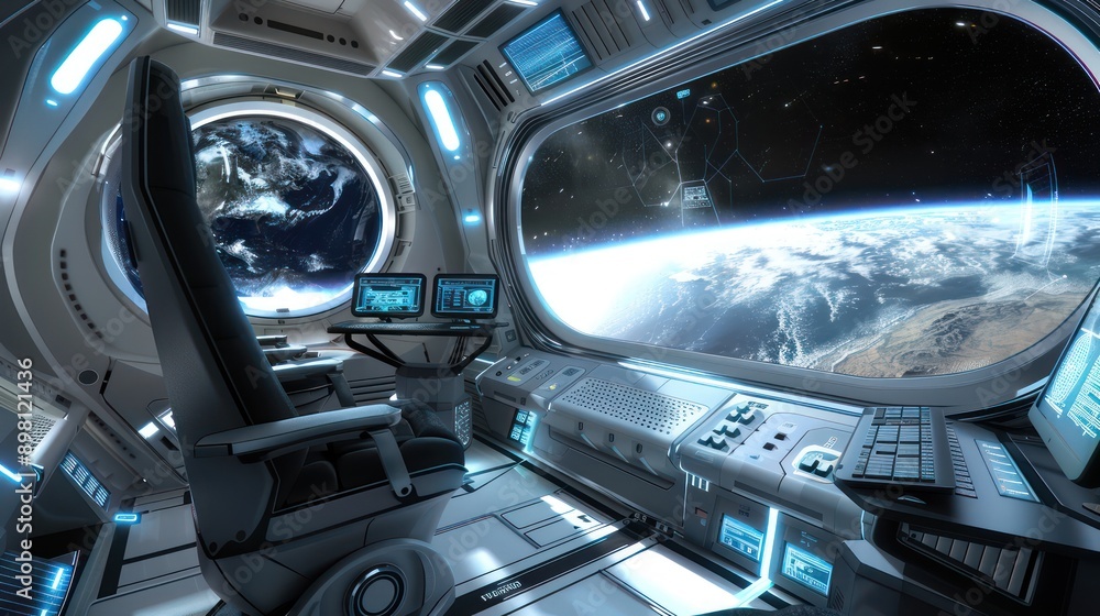 futuristic space station module designed as a remote office, with high-tech controls and views of Earth from space futuristic space station module designed as a remote office, with high-tech controls and views of Earth from space