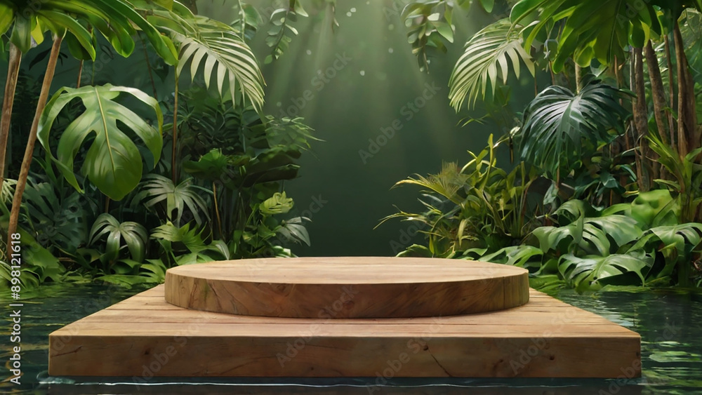 Wood podium jungle tree nature leaf tropical cosmetic summer forest plant garden stage wooden table. Natural product placement pedestal stand display, jungle paradise concept. Wood podium jungle tree nature leaf tropical cosmetic summer forest plant garden stage wooden table. Natural product placement pedestal stand display, jungle paradise concept.