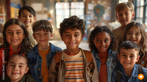 Happy group of diverse children smiling in a colorful classroom with vibrant decorations