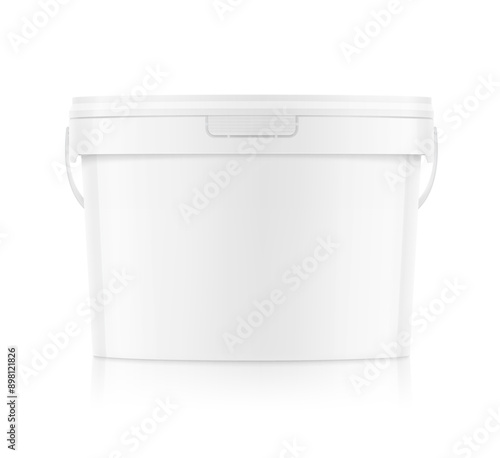 White plastic bucket for paints, horeca food, glue. Realistic vector illustration isolated on white background. Ready for your design. EPS10.