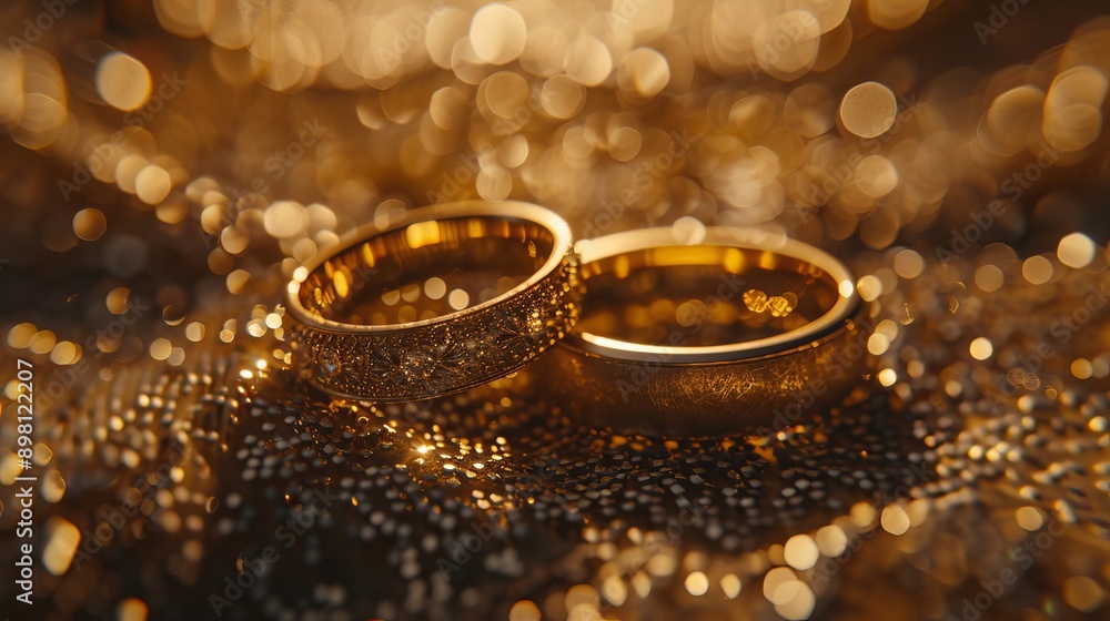 Gold Wedding Bands on Sparkling Fabric Gold Wedding Bands on Sparkling Fabric