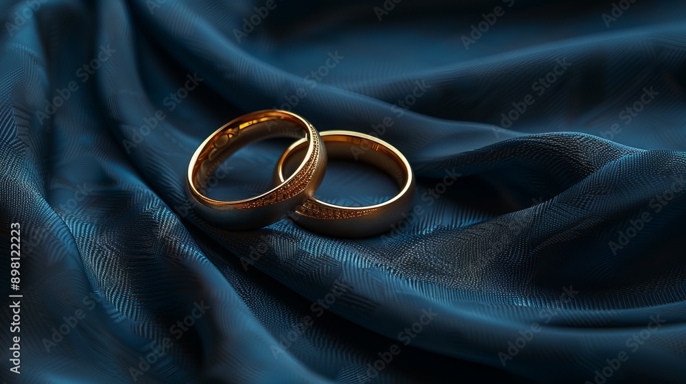 Gold Wedding Bands on Blue Fabric Gold Wedding Bands on Blue Fabric