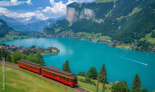 Famous electric red tourist panoramic train in swiss village Lungern, canton of Obwalden, Switzerland