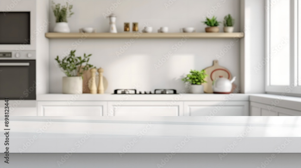 Fototapeta premium Modern Kitchen Podium with White Tones for Product Display: Sleek Indoor Platform Ideal for Advertising Posters, Backgrounds, and Banners