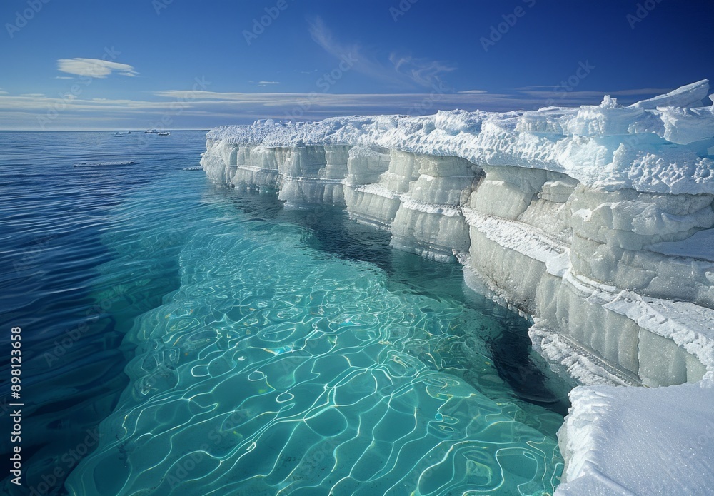 A photograph of a melting ice shelf with clear blue water pooling on top A photograph of a melting ice shelf with clear blue water pooling on top