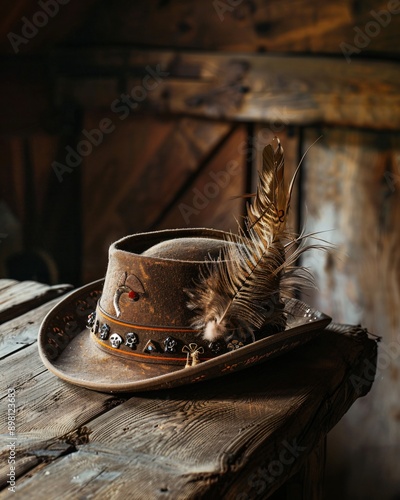 A Bavarian hat with a feather and decorative pins, placed on a rustic table photo