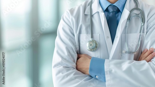 A confident doctor in a white coat stands with arms crossed, symbolizing professionalism and expertise in the medical field.