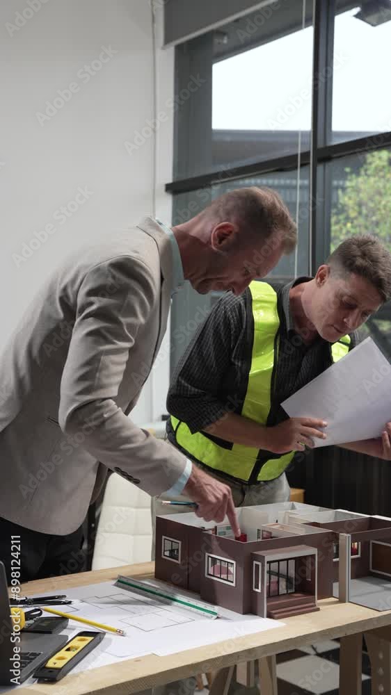 A Caucasian male engineer and an Italian male building contractor are planning and talking at a desk, reviewing house plans and a model of a house with wooden textures for renovation. A Caucasian male engineer and an Italian male building contractor are planning and talking at a desk, reviewing house plans and a model of a house with wooden textures for renovation.