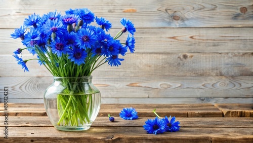 Vibrant bouquet of delicate blue cornflowers in a clear glass vase on a rustic wooden table against a soft white background.