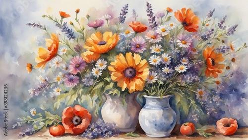Wallpaper Mural A watercolor rustic ceramic vase filled with a mix of wildflowers daisies poppies lavender in soft pastel hues Torontodigital.ca