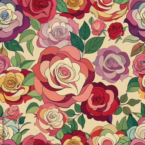 Wallpaper Mural Seamless pattern of elegant roses in various colors, Generative AI Torontodigital.ca