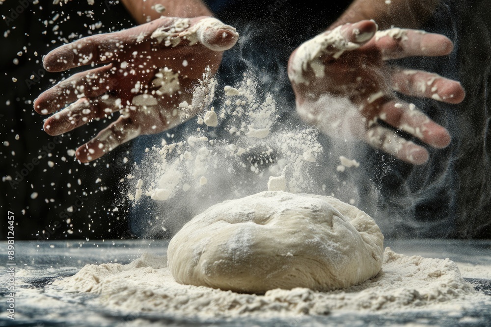 Obraz premium Hands Kneading Dough with Flour Splash on Black Background - Baking Concept CloseUp