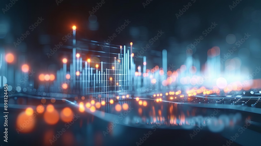 Naklejka premium Abstract data visualization with glowing lights and bars representing dynamic information flow in a digital environment.